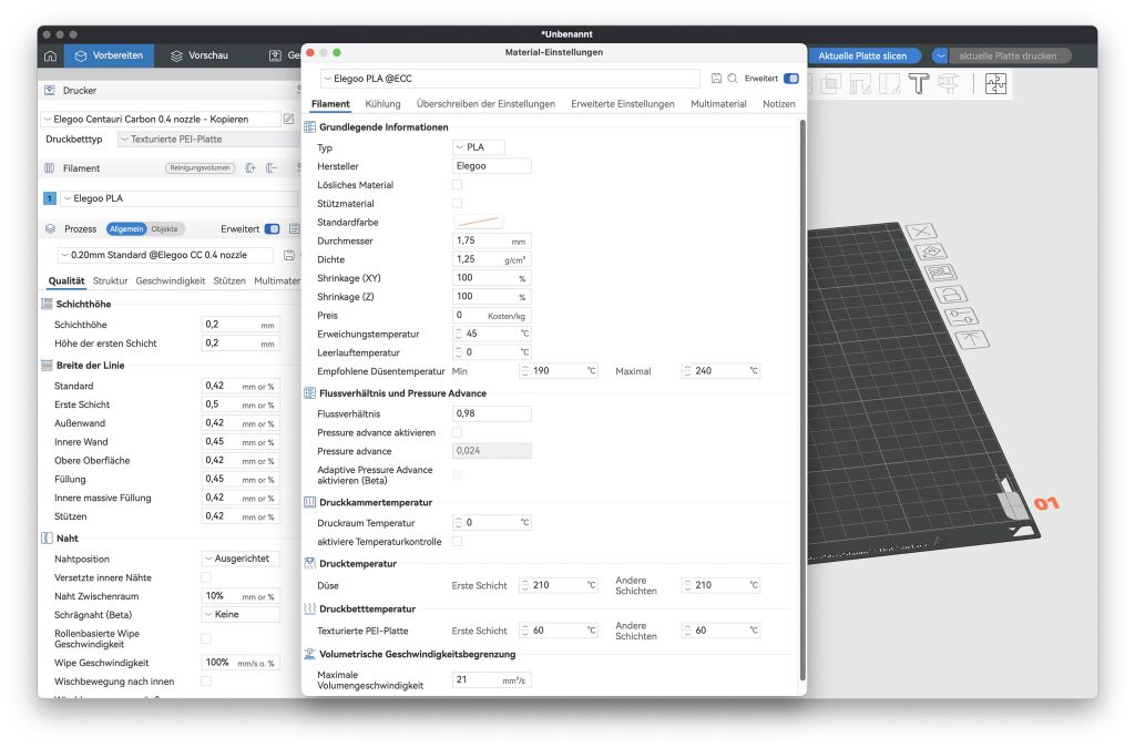 Elegoo Centauri Carbon 3D-Drucker Elegoo Slicer Filamenteinstellungen