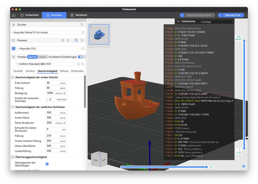 Anycubic Kobra S1 Combo 3D-Drucker Slicer vorbereiteter Druck