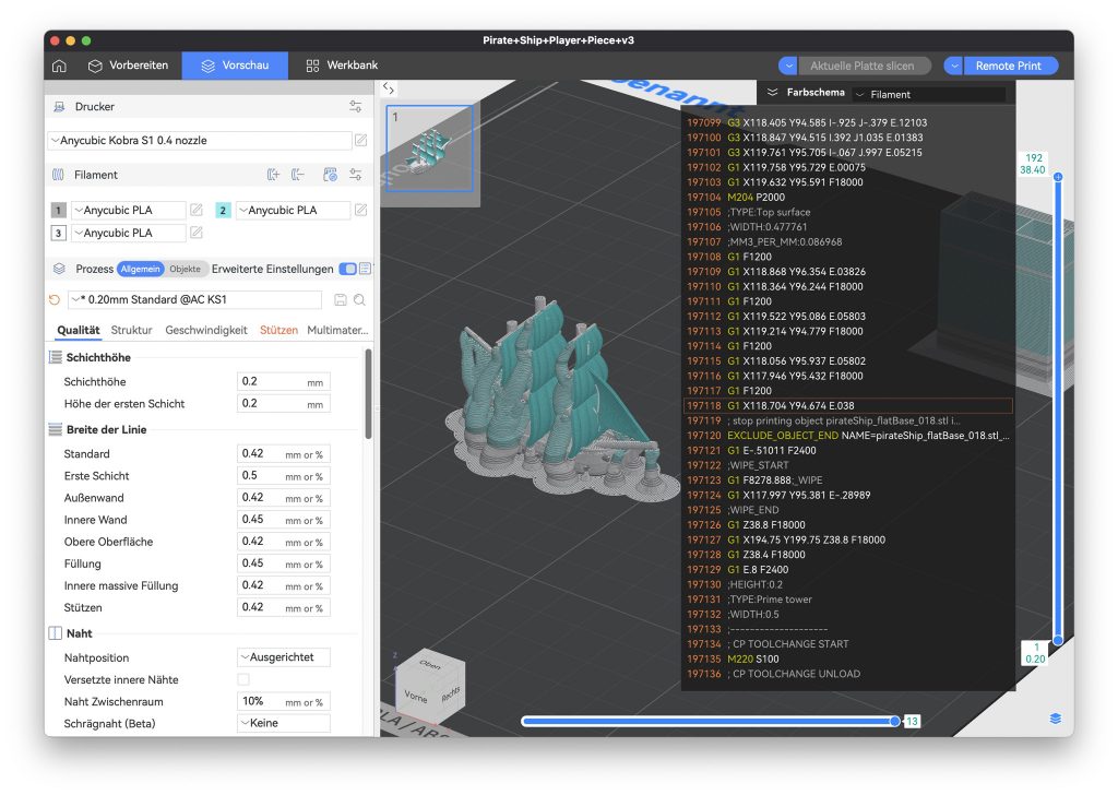 Anycubic Kobra S1 Combo 3D-Drucker Slicer vorbereiteter Mehrfarbendruck