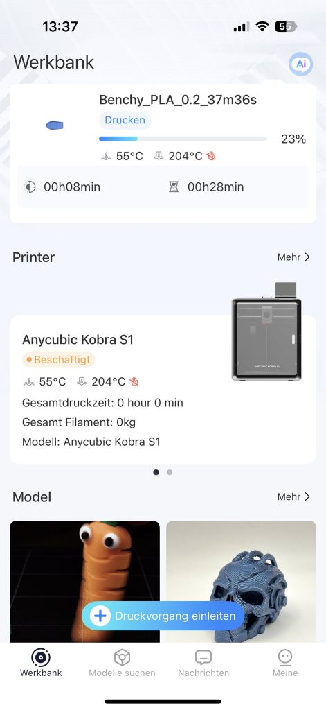 Anycubic Kobra S1 Combo 3D-Drucker App Startseite
