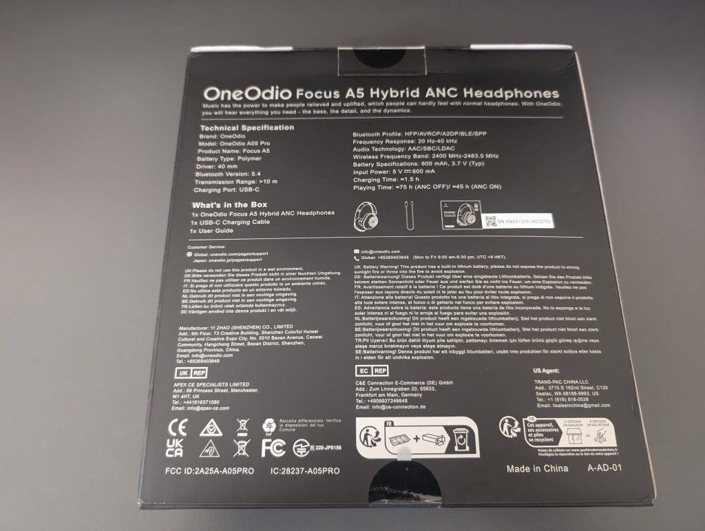 OneOdio A5 Over Ear Kopfhörer Verpackung Rückseite