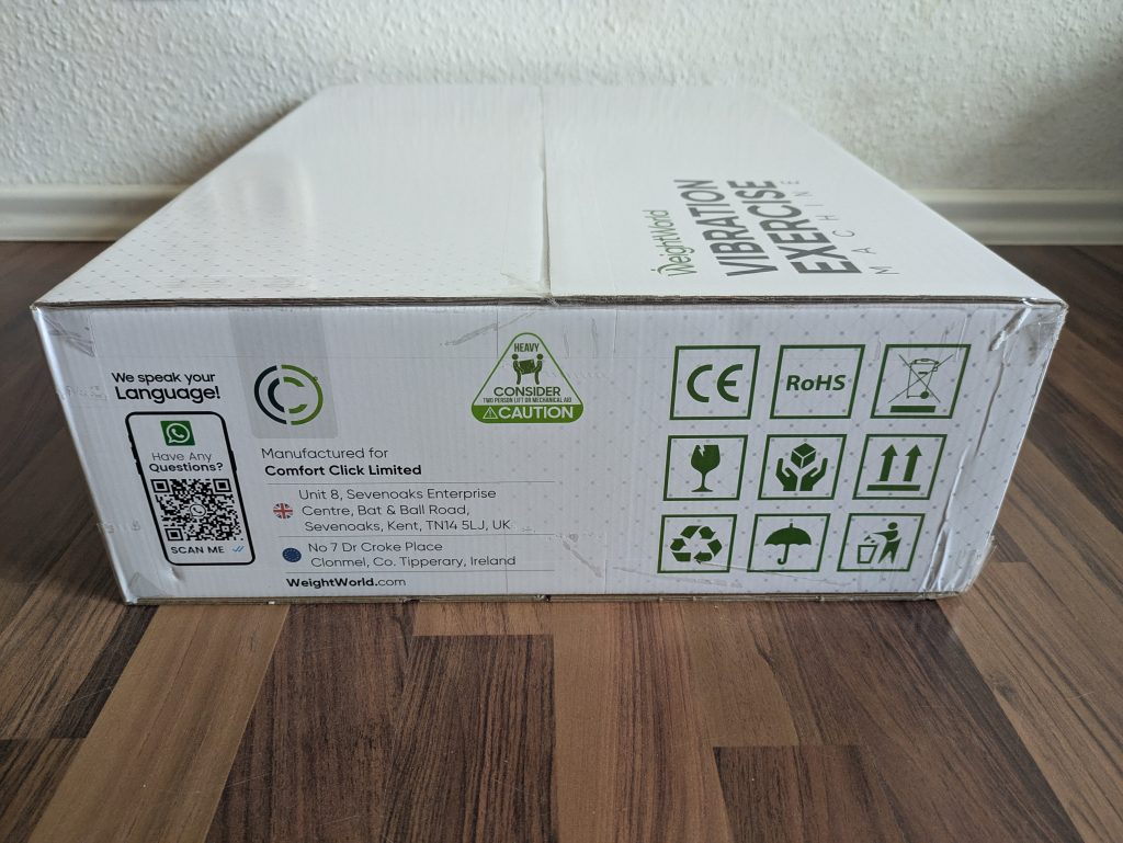 Verpackung der WeightWorld Vibrationsplatte von der Seite