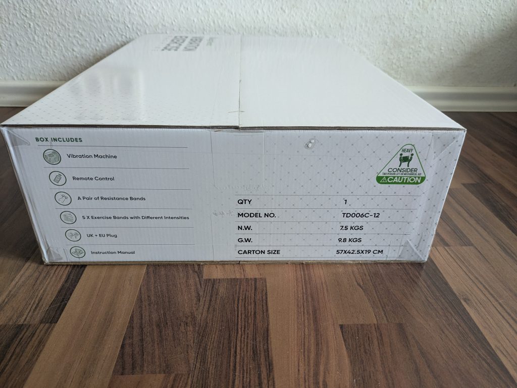 Verpackung der WeightWorld Vibrationsplatte von der Seite (2)