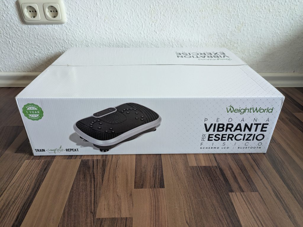 Verpackung der WeightWorld Vibrationsplatte von vorne