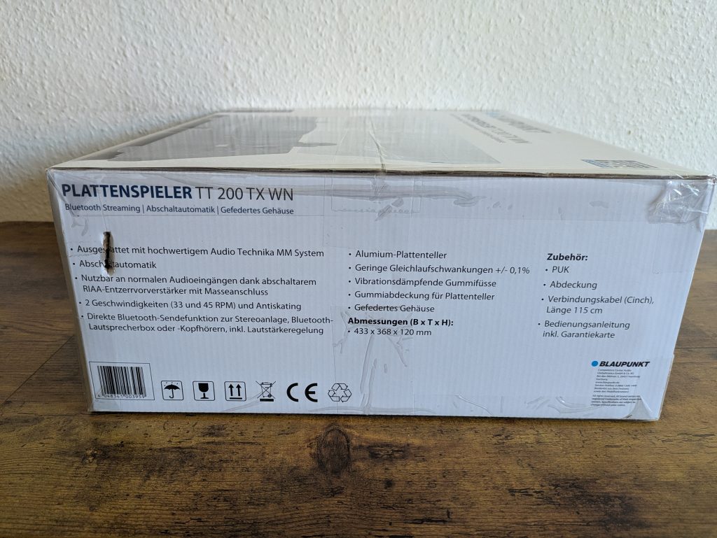 Verpackung des Blaupunkt TT 200 TX WN Plattenspielers von der Seite