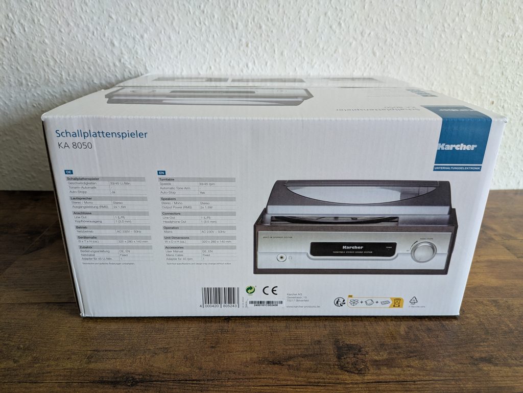 Verpackung des Karcher KA 8050 Plattenspielers von vorne