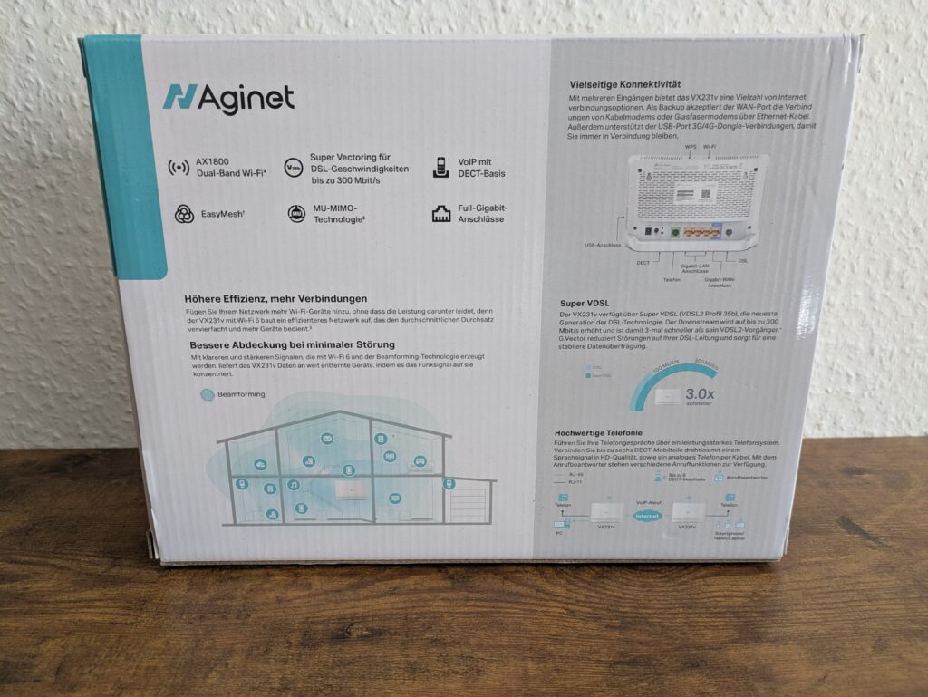 Verpackung des TP Link VX231v Routers von hinten