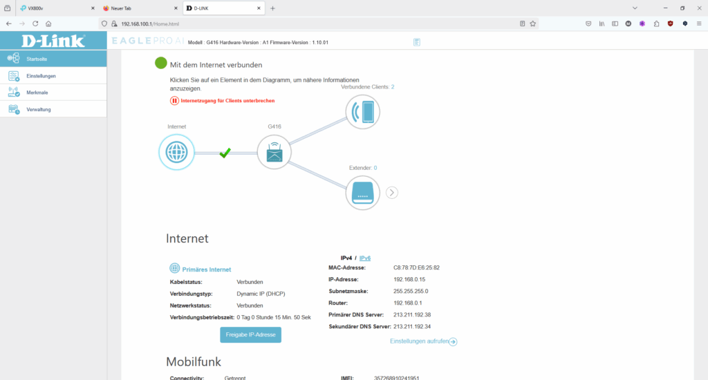 Web-Menü des D-Link Eagle Pro AI G416 Routers