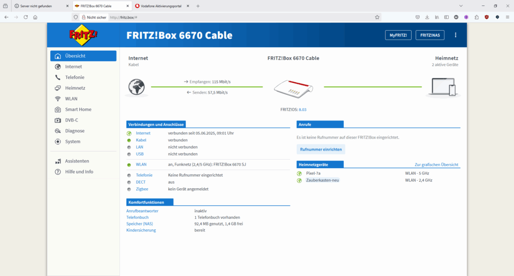 Web-Menü des Verpackung des FRITZ!Box 6670 Cable Routers