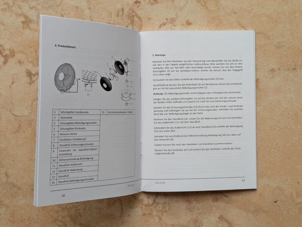 Anleitung des Brandson Ventilators geöffnet