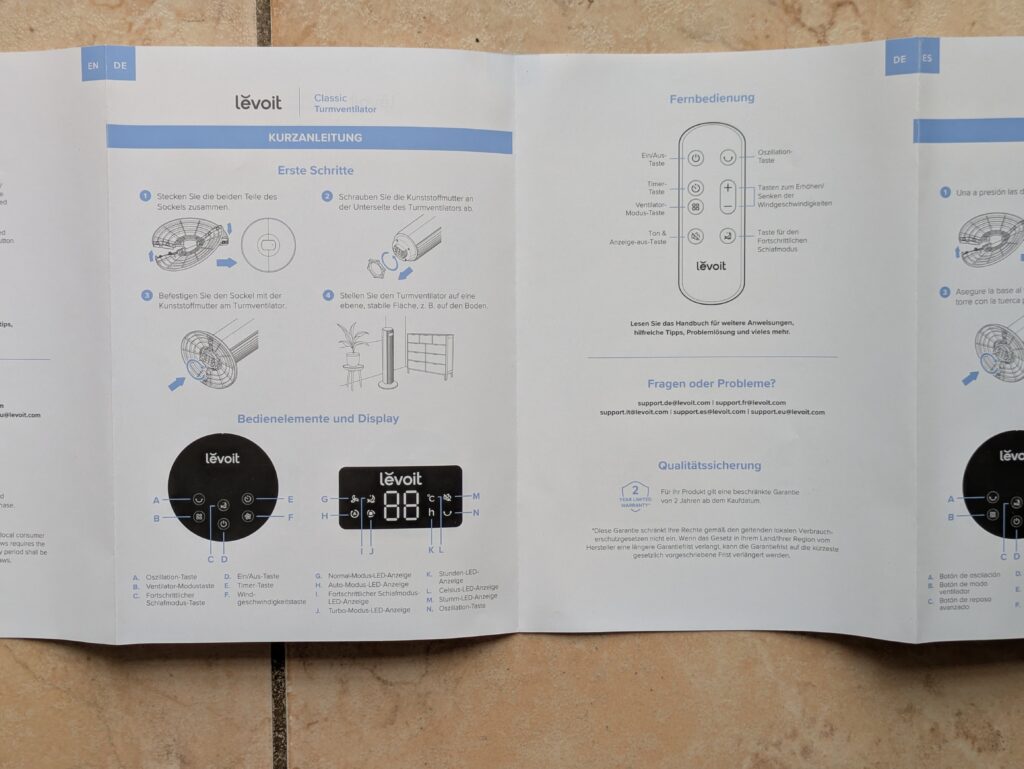 Anleitung des Levoit LTF-F362-WEU Ventilators (2)