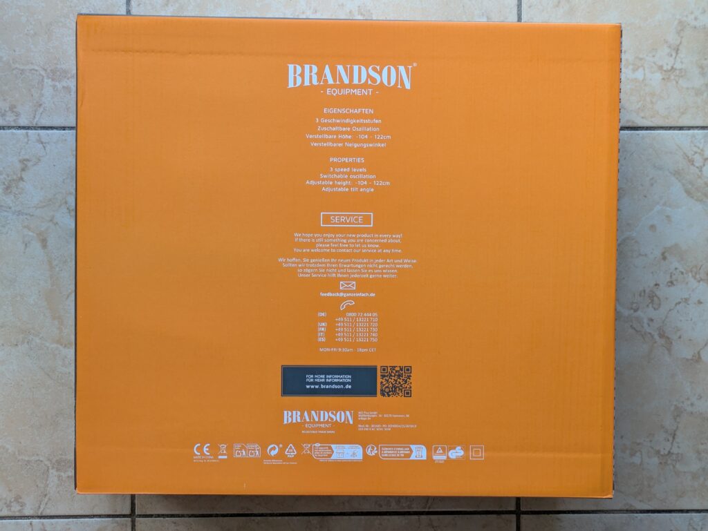 Verpackung des Brandson Ventilators von hinten