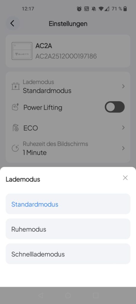 BLUETTI AC2A Powerstation App Modus-Auswahl