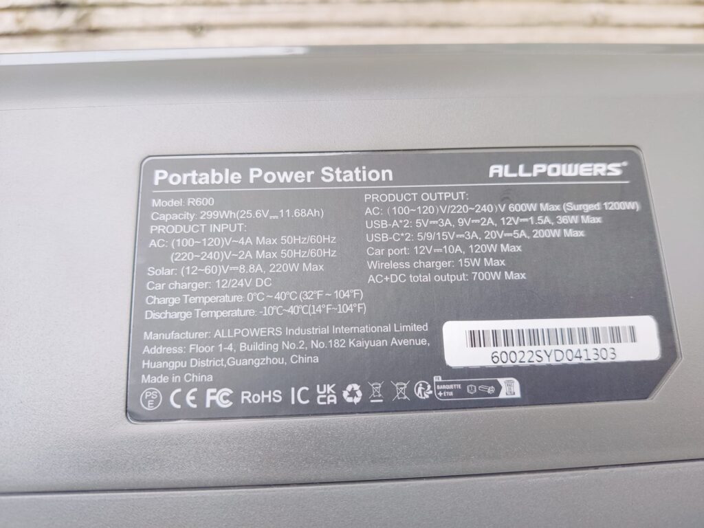 ALLPOWERS R600 Powerstation technische Daten