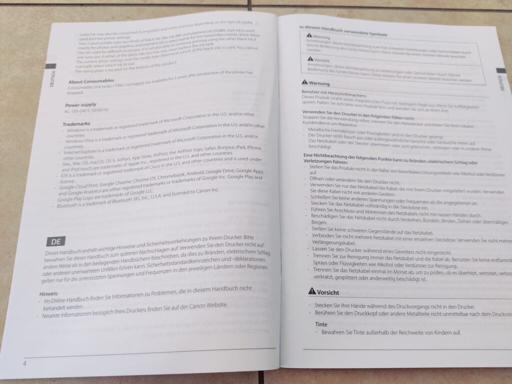 Canon PIXMA TS705a Tintenstrahldrucker Handbuch offen