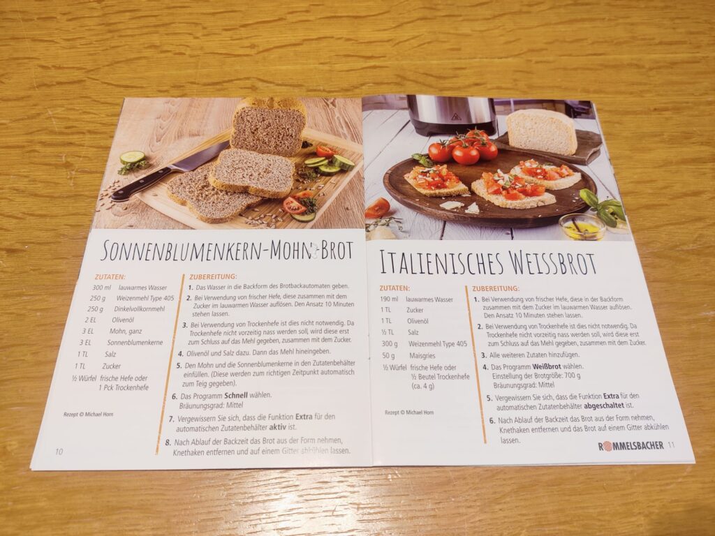Rommelsbacher BA 550 Brotbackautomat Rezeptheft von innen
