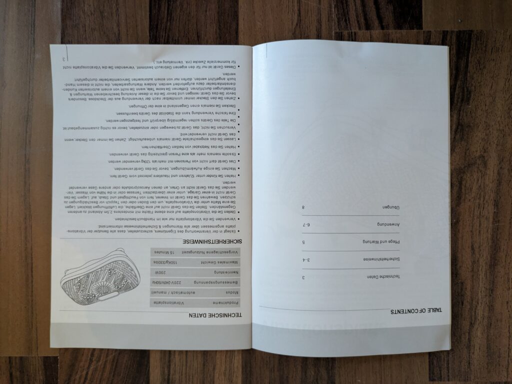 Anleitung der Dripex Vibrationsplattes geöffnet