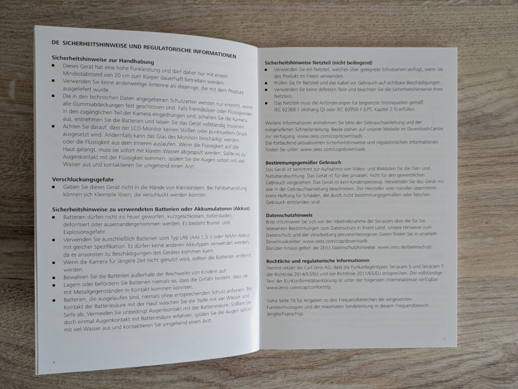 Sicherheitshinweise der Zeiss Secacam 5 Wildkamera geöffnet
