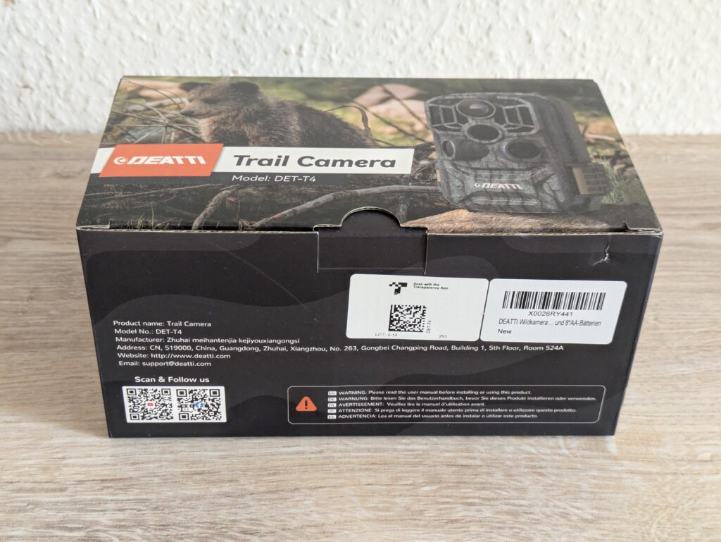 Verpackung der DEATTI DET T4 Wildkamera von vorne