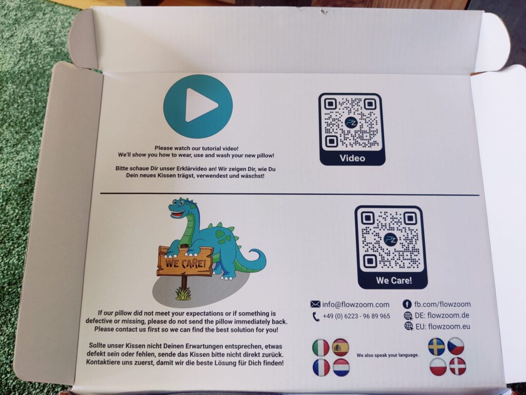 FLOWZOOM Air Nackenkissen Verpackung Infos