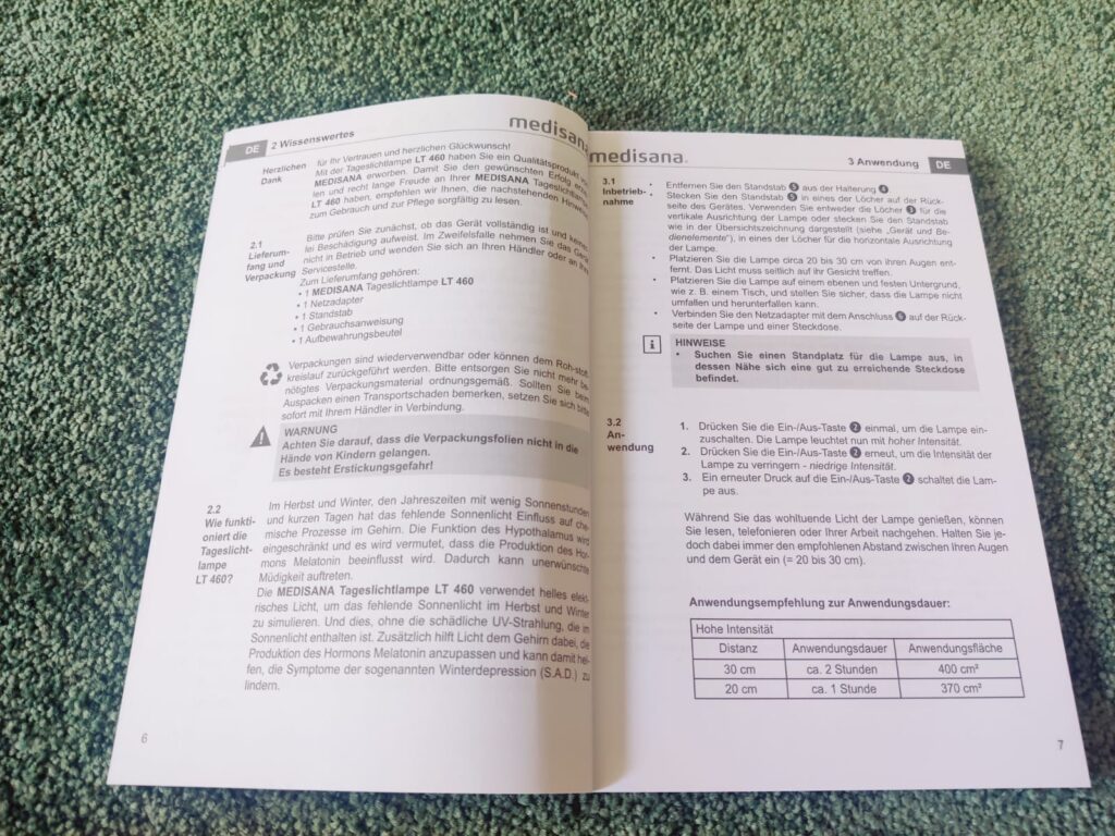 medisana LT 460 Tageslichtlampe Bedienungsanleitung innen
