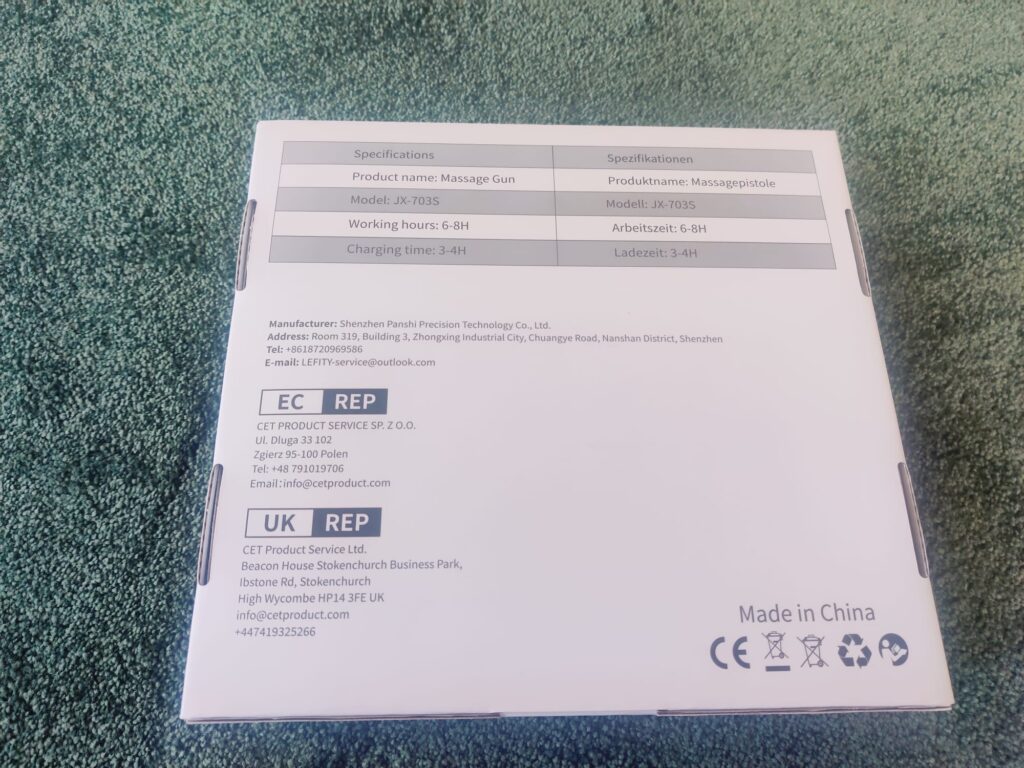 Lefity JX-703S Massagepistole Verpackung Rückseite