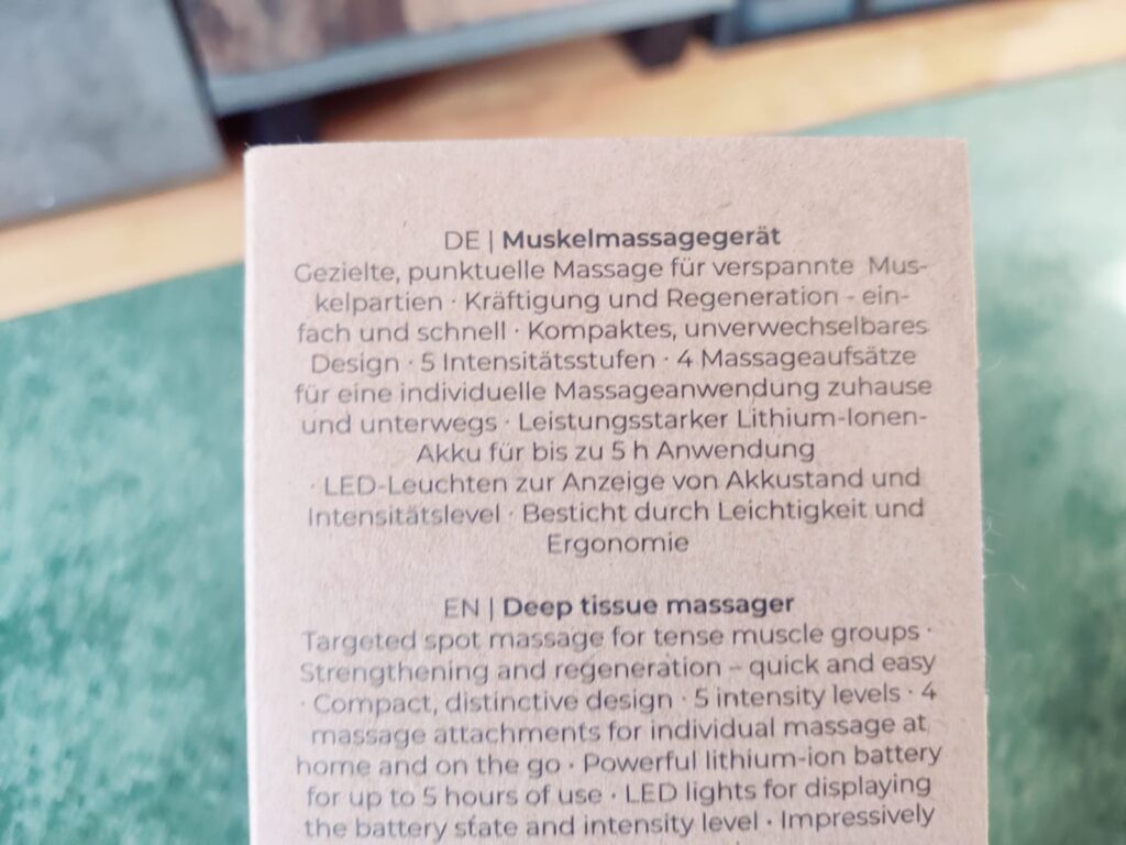 Beurer Antelope BOOM Massagepistole Beschreibung auf Verpackung