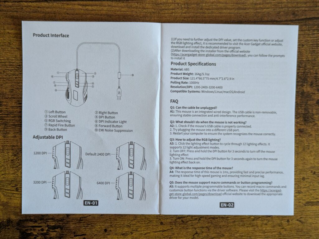 Anleitung der Acer OMW317 Gaming-Maus geöffnet