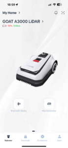 ECOVACS Goat A3000 LiDAR Mähroboter Hauptmenü der App