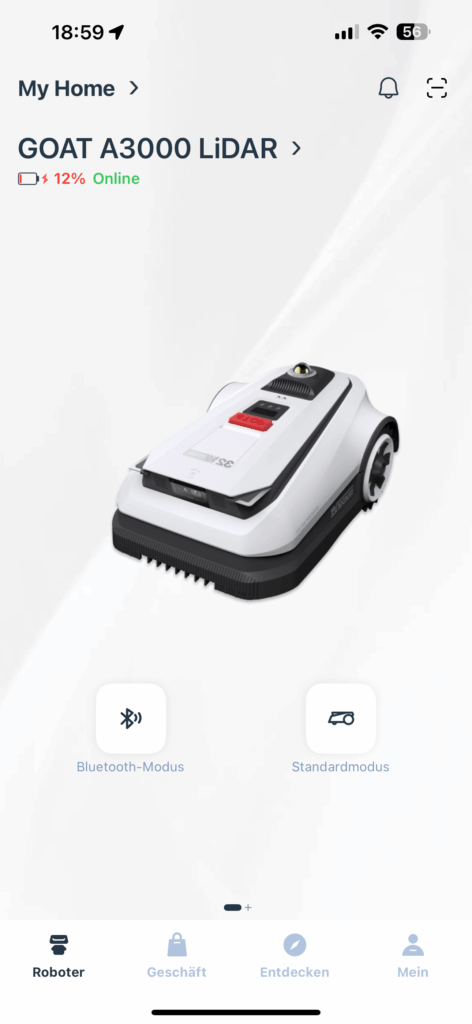 ECOVACS Goat A3000 LiDAR Mähroboter Hauptmenü der App
