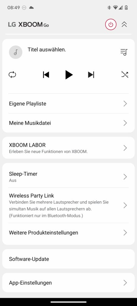LG XBOOM Go DXG7 Bluetooth-Lautsprecher App Menü