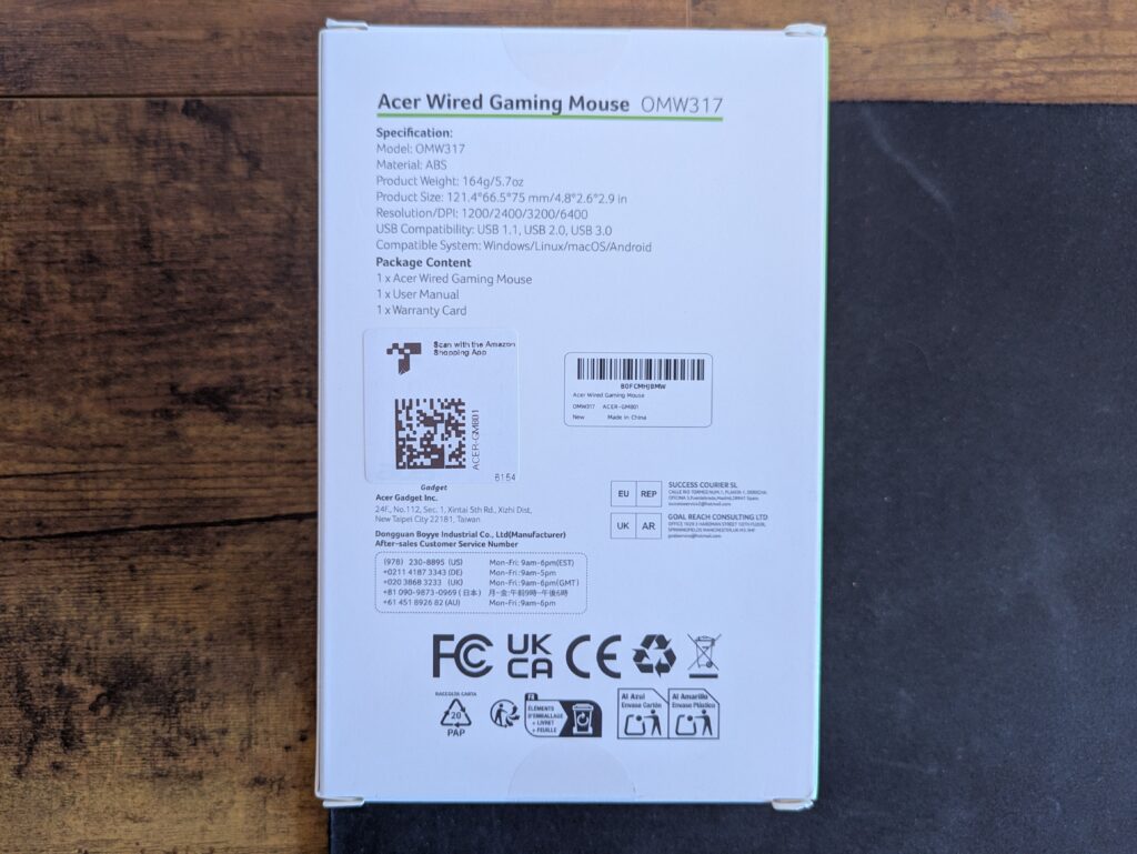 Verpackung der Acer OMW317 Gaming-Maus von Hinten