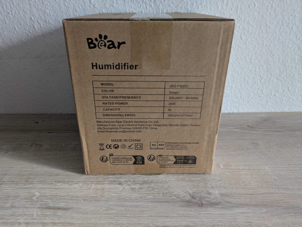 Verpackung des BEAR JSQ-F50D2 Luftbefeuchters von der Seite