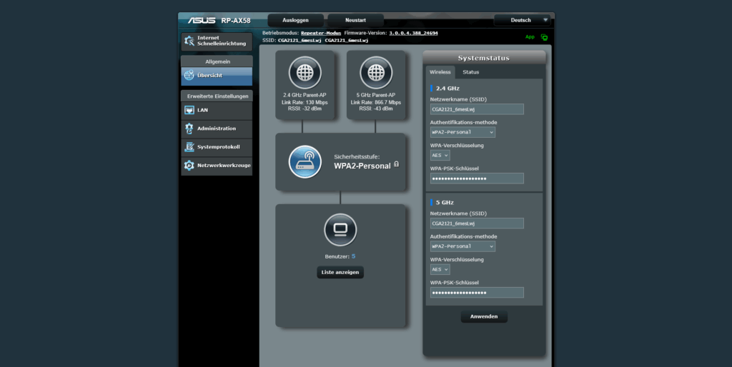 Webbrowser des ASUS RP-AX58 AX3000 WLAN-Repeaters