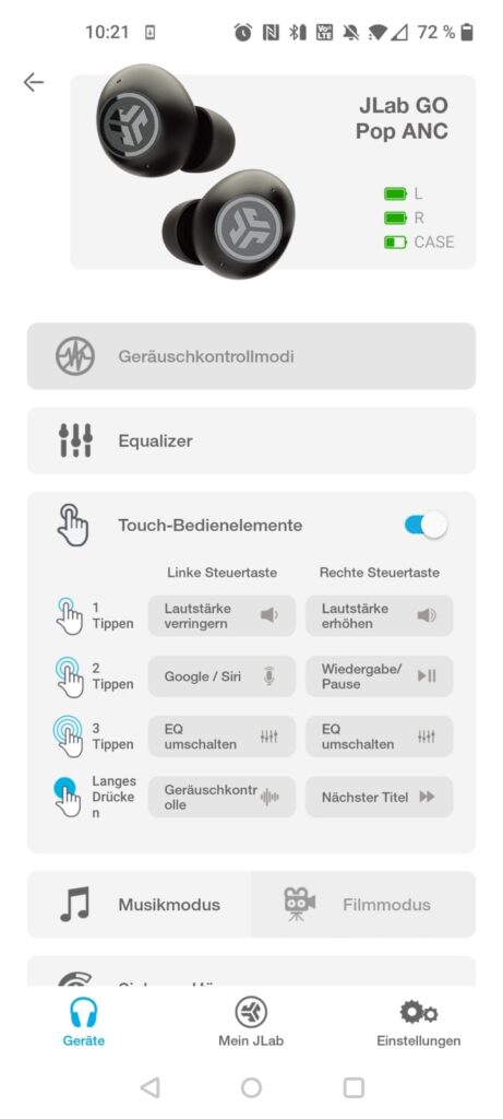 JLab Go Pop ANC Bluetooth-Kopfhörer App Touch-Bedienelemente