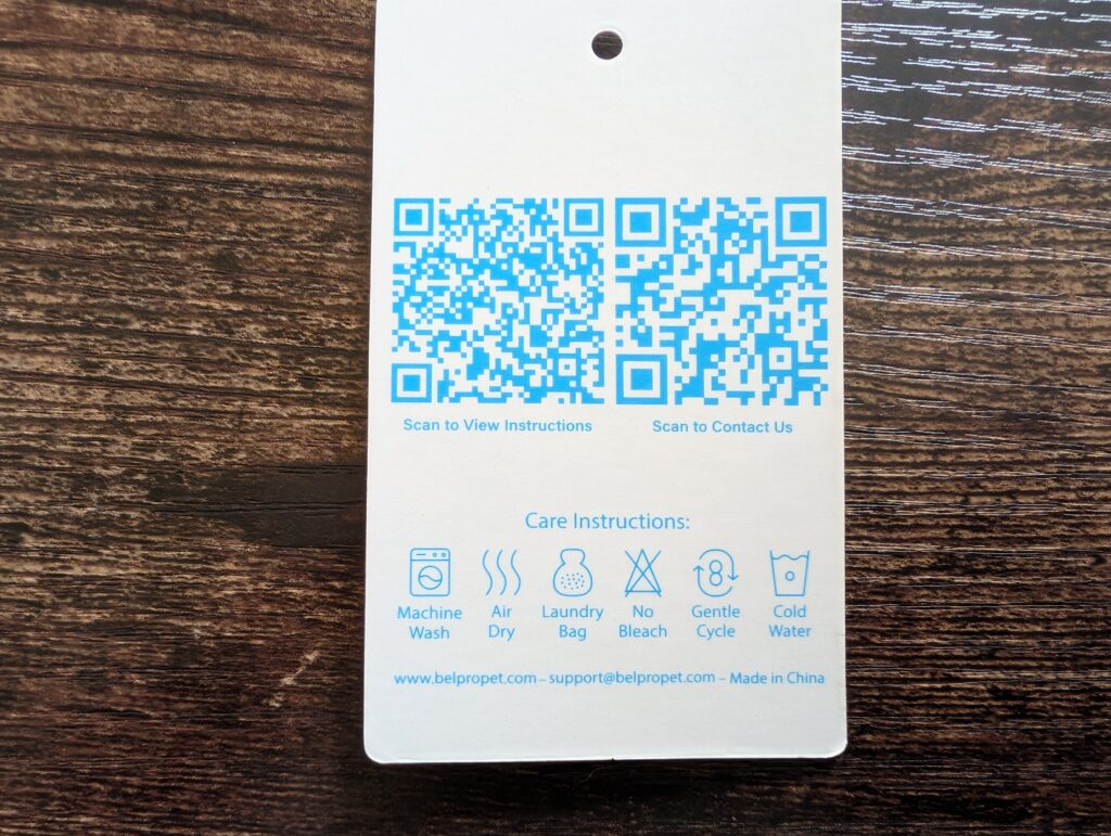 BELPRO Mehrzweck-Hundegeschirr QR-Codes und Pflegehinweise
