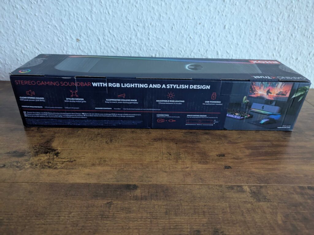 Verpackung der Trust Gaming GXT 1619 Rhox PC-Lautsprecher von hinten