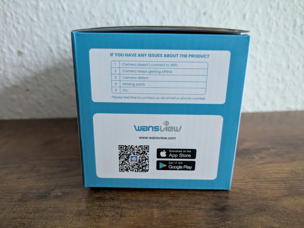 Verpackung der Wansview A1 Überwachungskamera von rechts