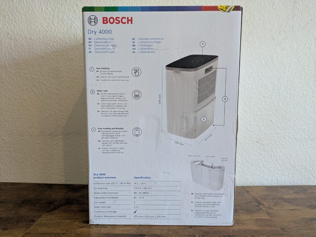 Verpackung des Bosch Dry 4000 Luftentfeuchters von hinten