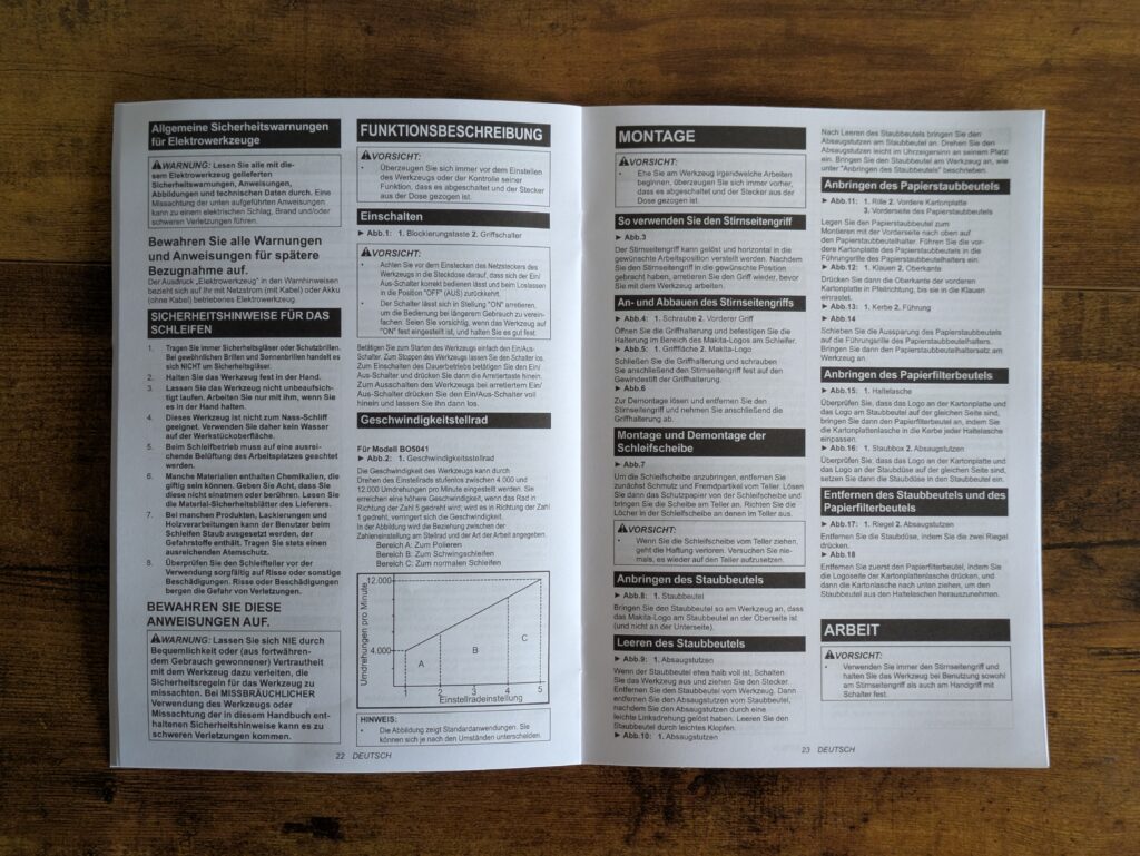 Anleitung des Makita BO5041 Exzenterschleifers geöffnet