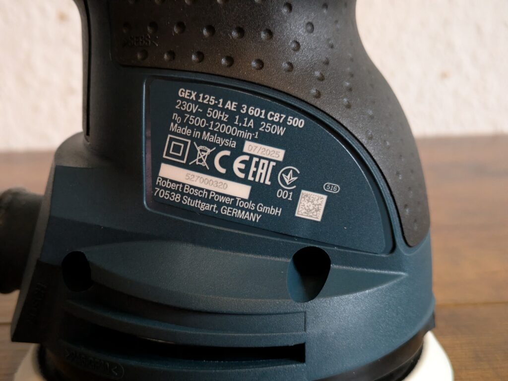 Datenlabel des Bosch Professional GEX 125-1 AE Exzenterschleifers