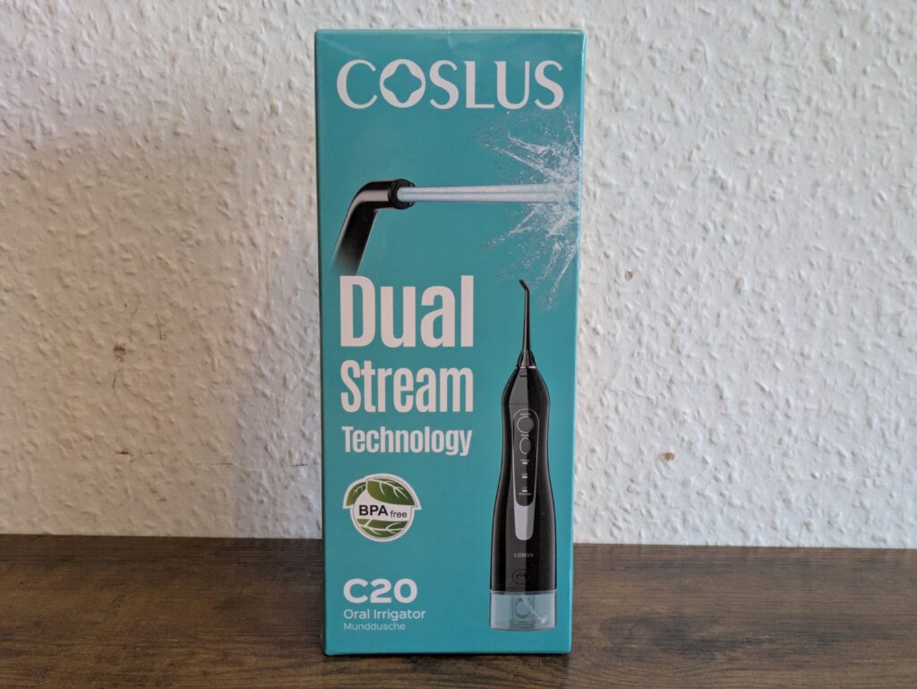Verpackung der COSLUS C20 Munddusche von vorne