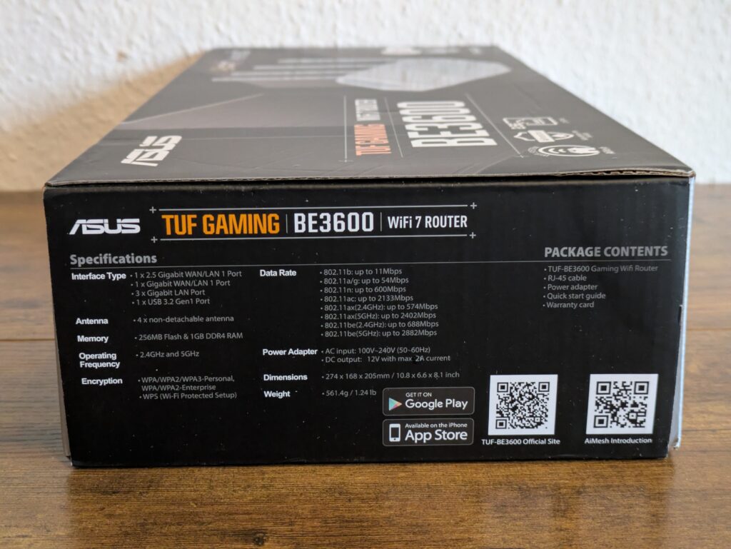 Verpackung des ASUS TUF Gaming BE3600 Routers von rechts