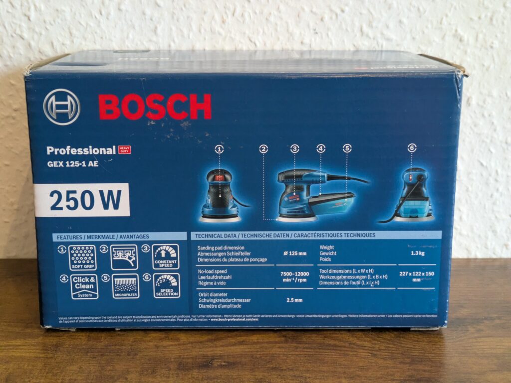 Verpackung des Bosch Professional GEX 125-1 AE Exzenterschleifer von hinten