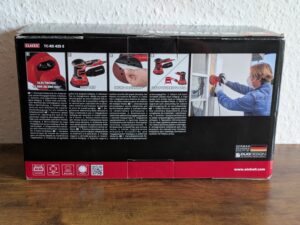 Verpackung des Einhell TC-RS 425 E Exzenterschleifers von hinten
