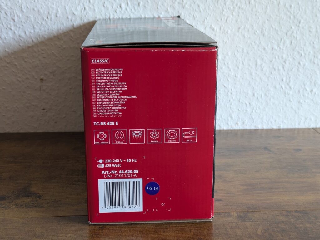 Verpackung des Einhell TC-RS 425 E Exzenterschleifers von links