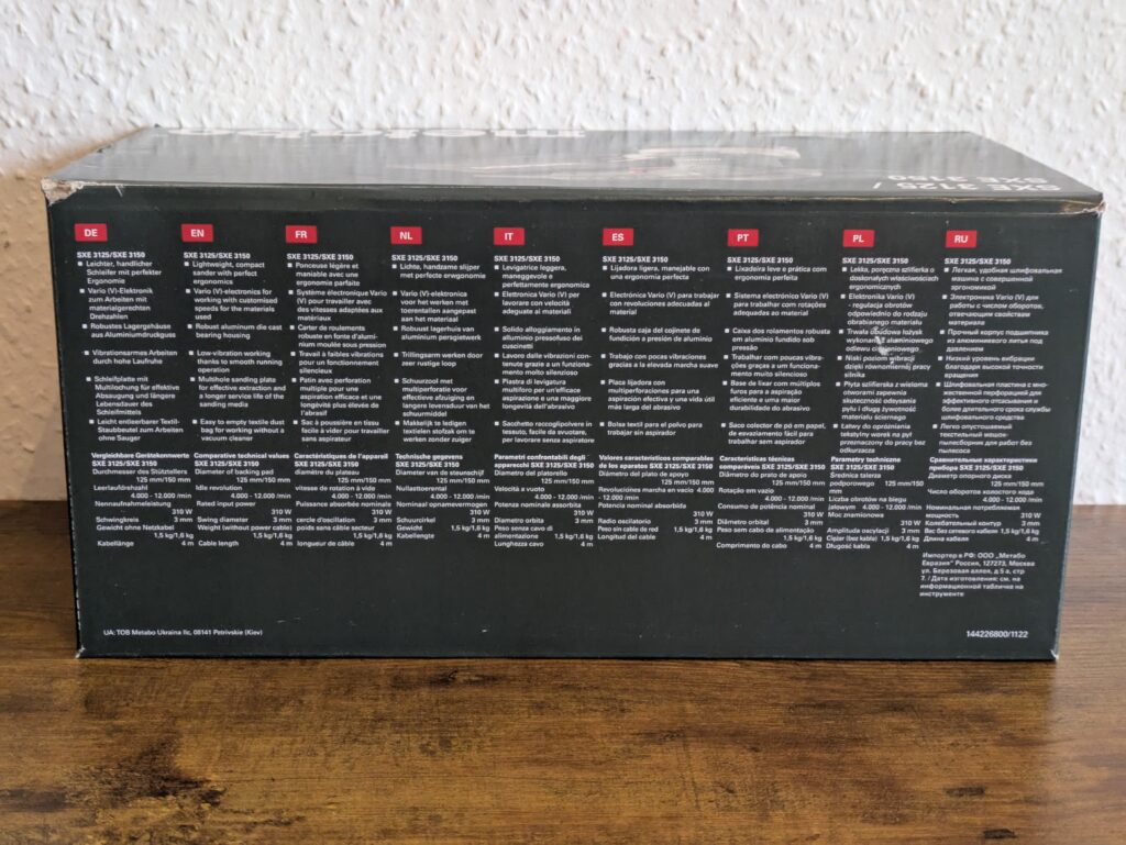 Verpackung des Metabo SXE 3125 Exzenterschleifers von hinten