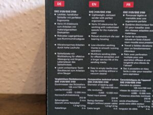Verpackung des Metabo SXE 3125 Exzenterschleifers von hinten Nahansicht