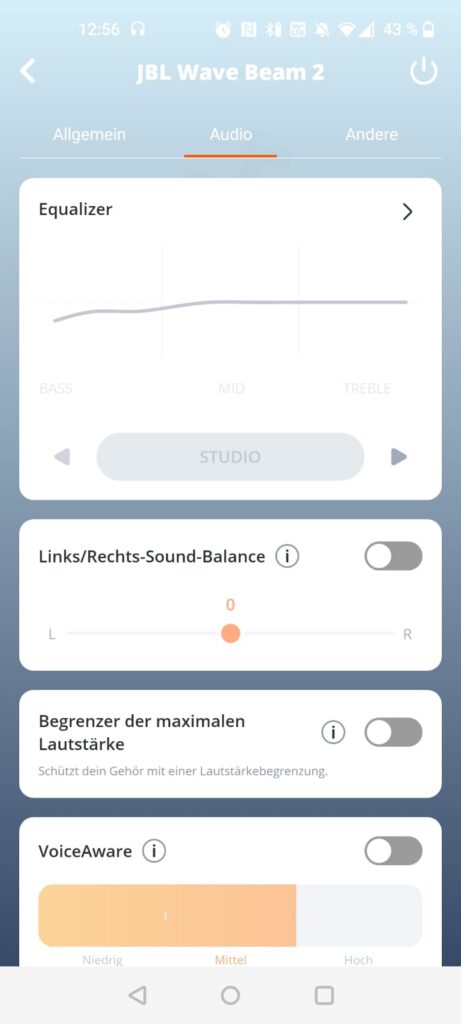 JBL Wave Beam 2 In-Ear-Bluetooth-Kopfhörer App Audioeinstellungen