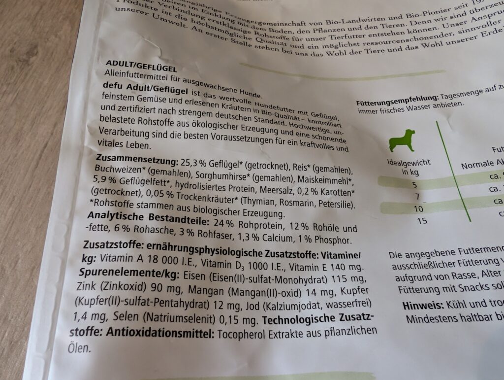 defu Hundefutter Adult Bio Geflügel Inhaltsstoffe